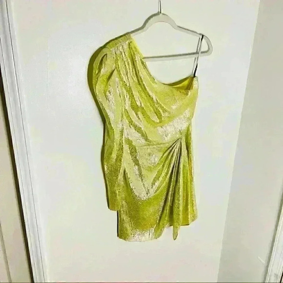 NEW Monique Lhuillier One Shoulder Citron Metallic Dress Wedding Formal Silk - Picture 3 of 8